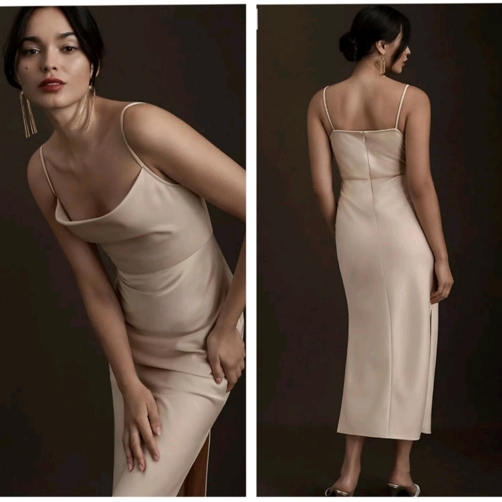 Anthropologie X BHLDN Cali Satin Cowl Neck Midi Slip Dress Side Slits Size 10